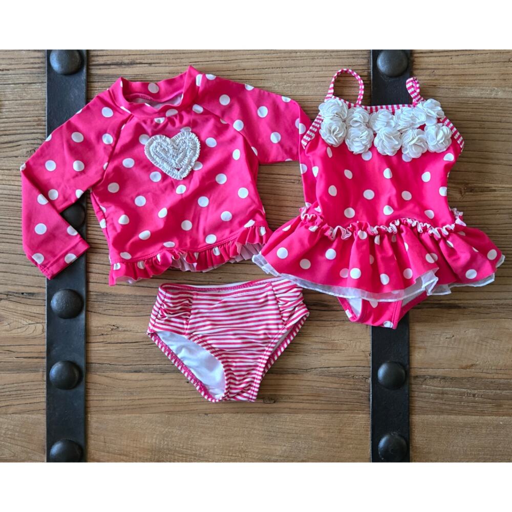 Little Me Pink Polkadot and Stripe Rashguard Bikini sz 6-9.